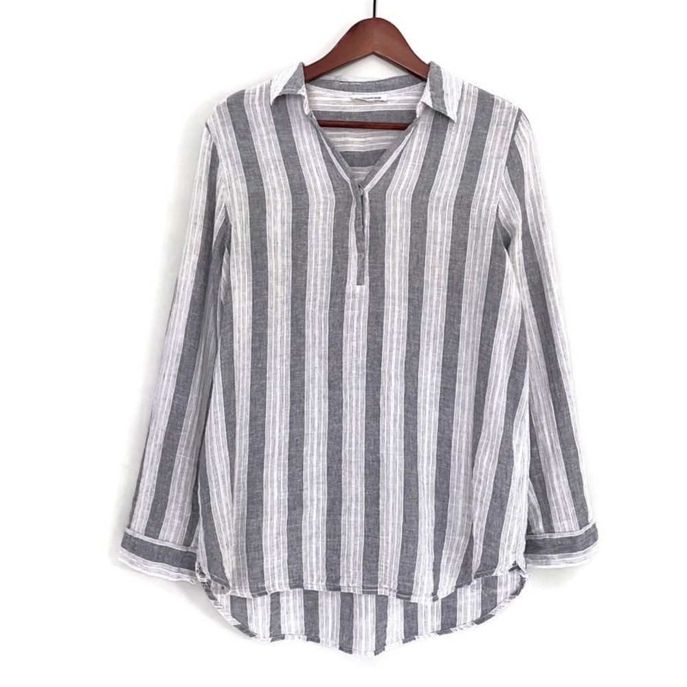 BeachLunchLounge Linen Cotton Tunic Blouse Top Striped White Grey Breathable